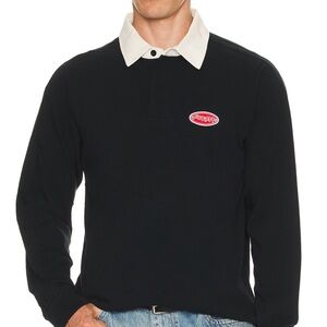 Former Reynolds Flatline Polo. Men's Black Long Sleeve Shirt with White Collar